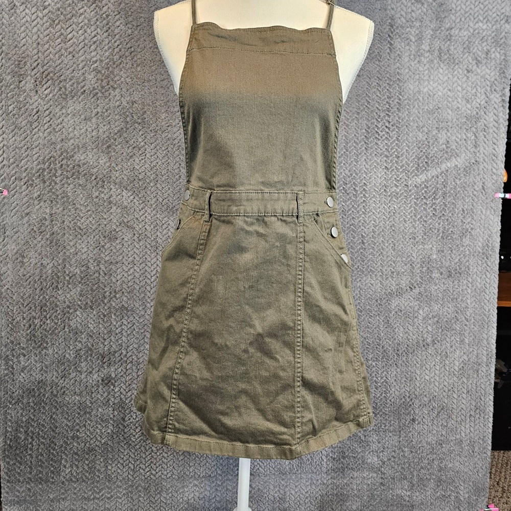 Lagenlook Festival Olive Green Pinafore‎ Overall Dress Side Button Mini Size 6
